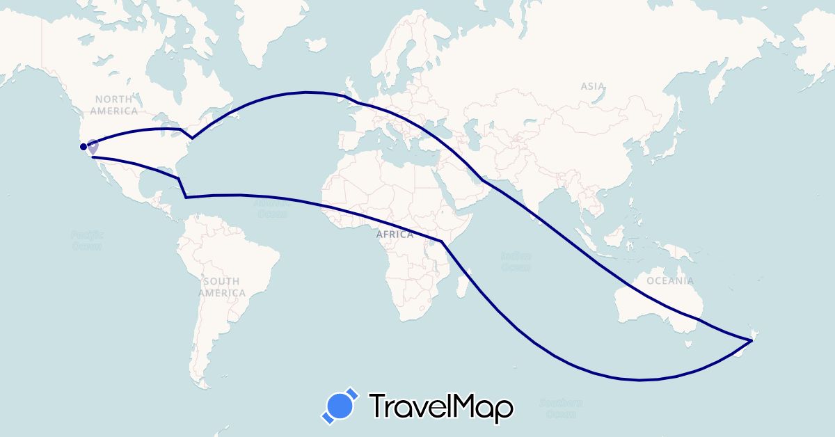 TravelMap itinerary: driving in United Arab Emirates, Australia, Canada, United Kingdom, Ireland, Jamaica, Kenya, New Zealand, United States (Africa, Asia, Europe, North America, Oceania)